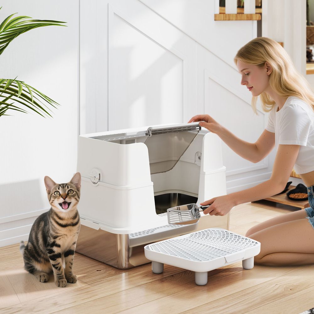 Bac à litière xl en acier inoxydable pour grand chat, couvercle pivotant 100°, pelle, 60,2x40,2x44,5cm, gris clair