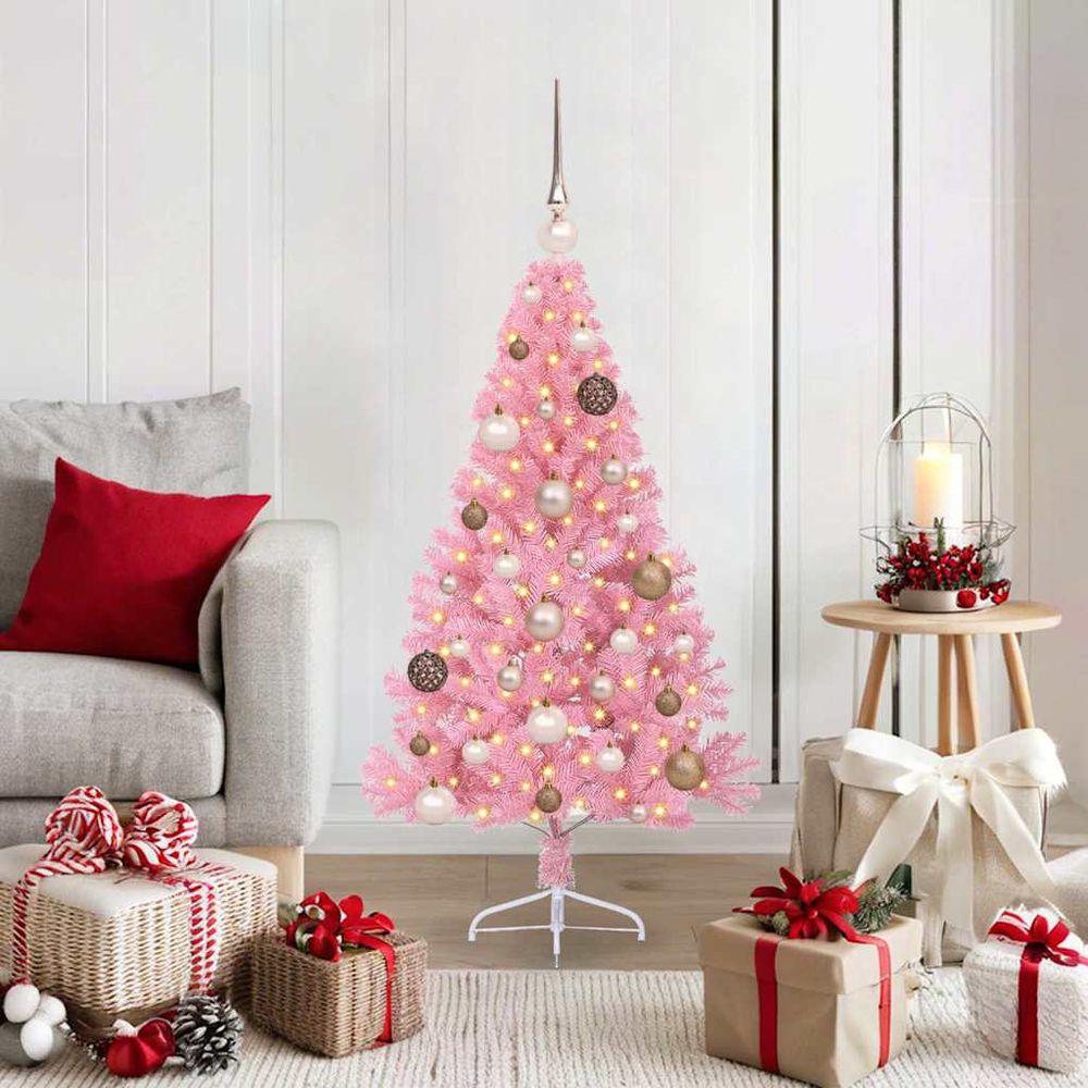 Petit sapin de noël artificiel rose 120 cm prêt à décorer, 150 led et boules fournies