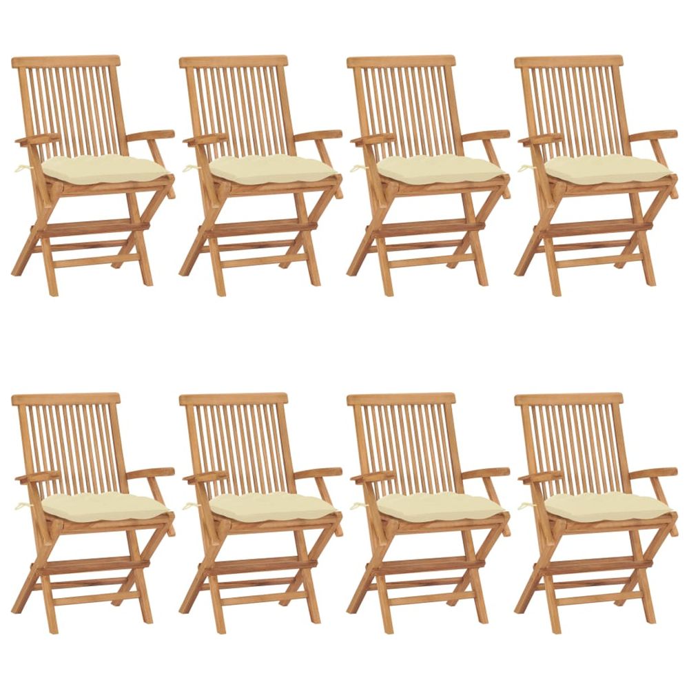 Chaises pliantes avec coussins blanc crème, 8 pièces, en teck massif