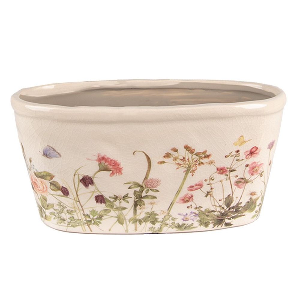 Pot de fleurs ovale beige rose céramique 27x13x14cm