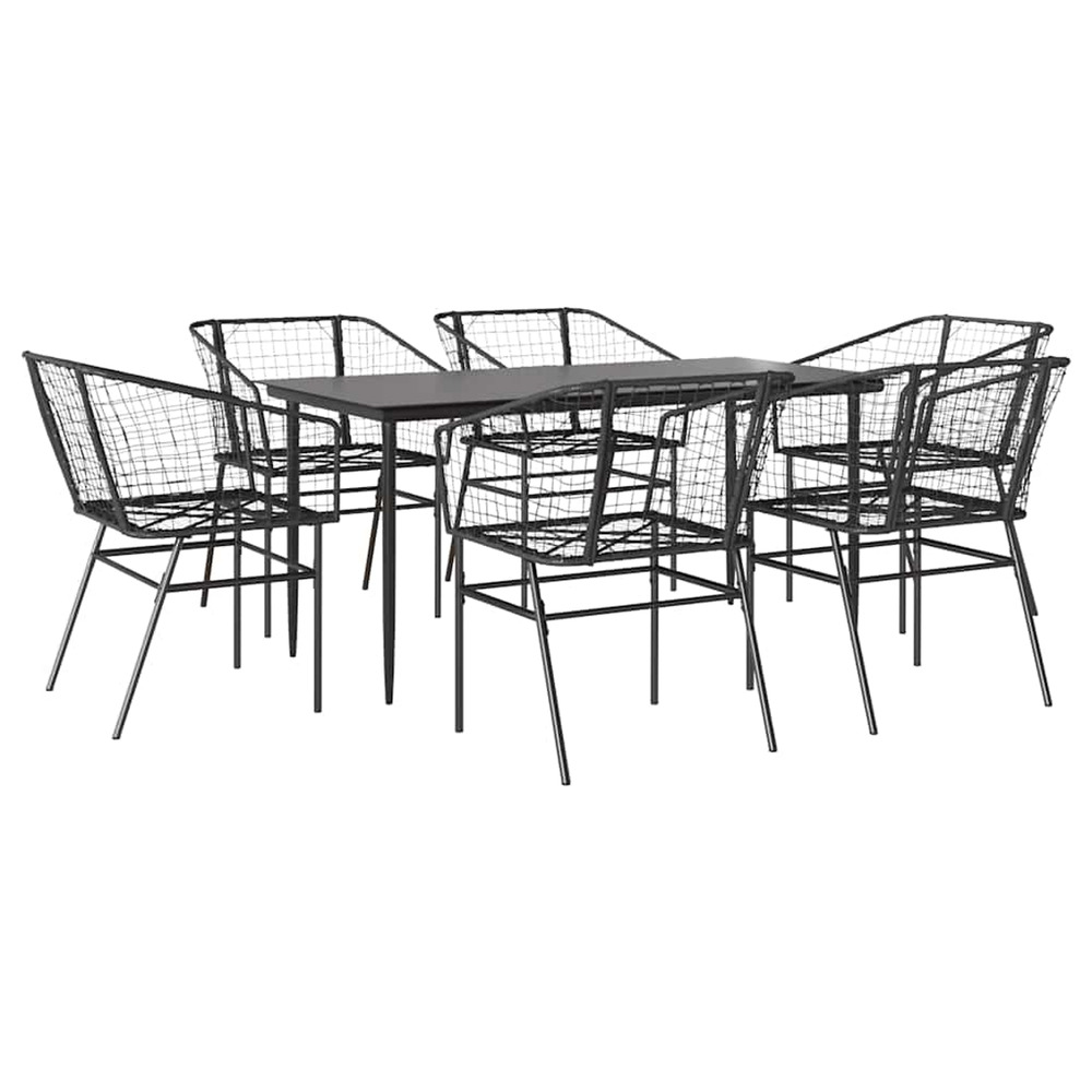 Ensemble à manger de jardin 7pcs noir poly rotin verre