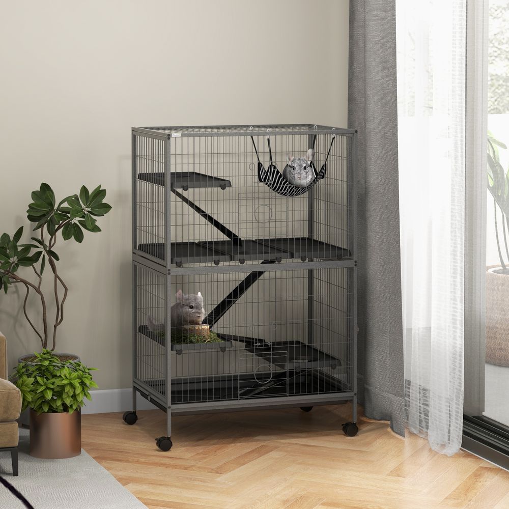 Cage rongeurs acier furet chinchilla 4 niveaux sur roulettes 80x52x128cm gris