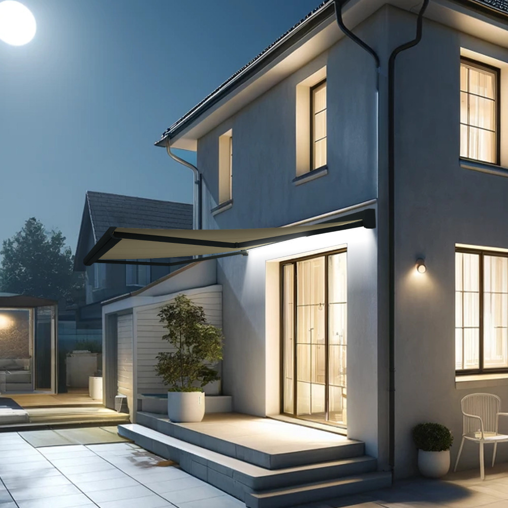 Store banne coffre intégral celeste 4,00x3,00 m (motorisé secours à télécommande + led - gris anthracite ral7016st - écru)