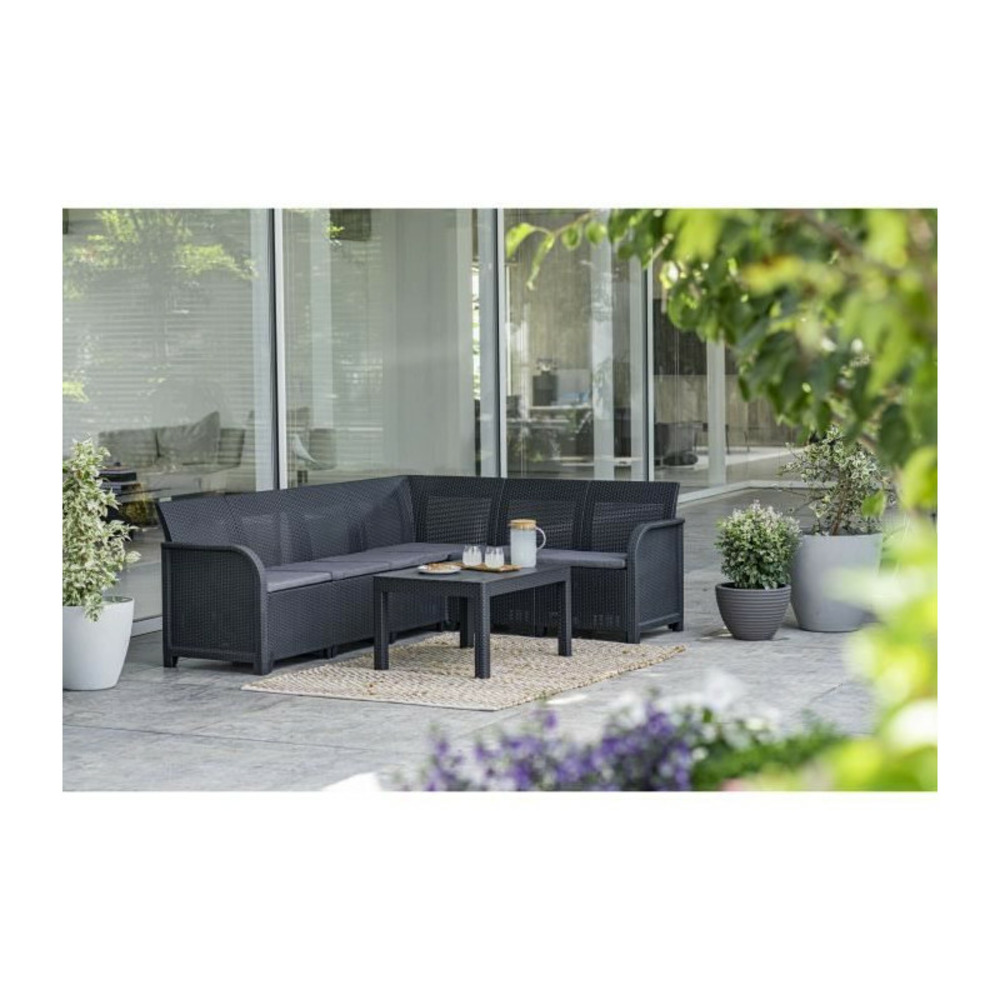 Salon de jardin - résine aspect rotin tressé - allibert by keter - 6 personnes - sanremo - gris graphite