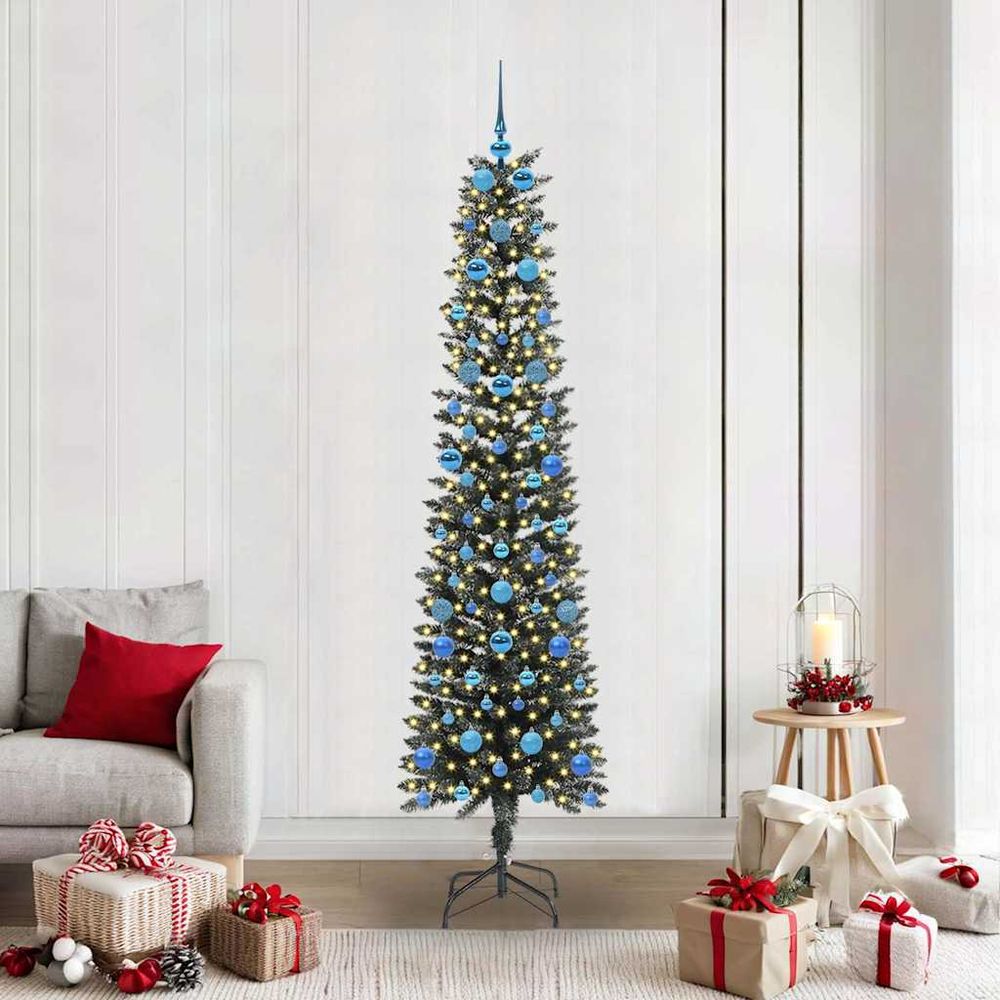Sapin de noël artificiel étroit 2.10m, pack complet avec 300 lumières led et décorations