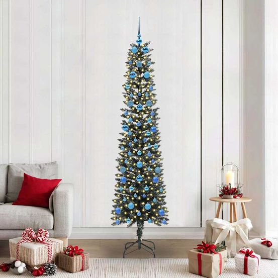 Sapin de noël artificiel étroit 2.10m, pack complet avec 300 lumières led et décorations