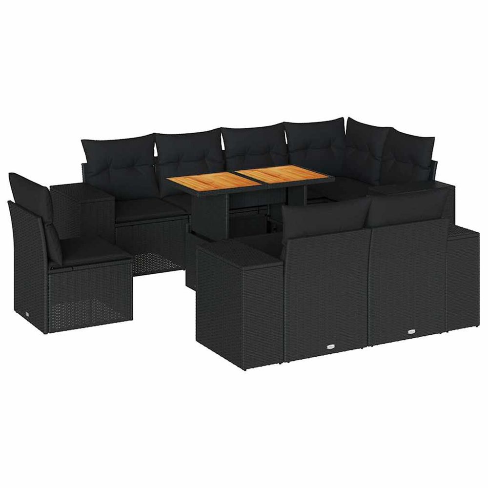 Salon de jardin 9 pcs avec coussins noir résine tressée