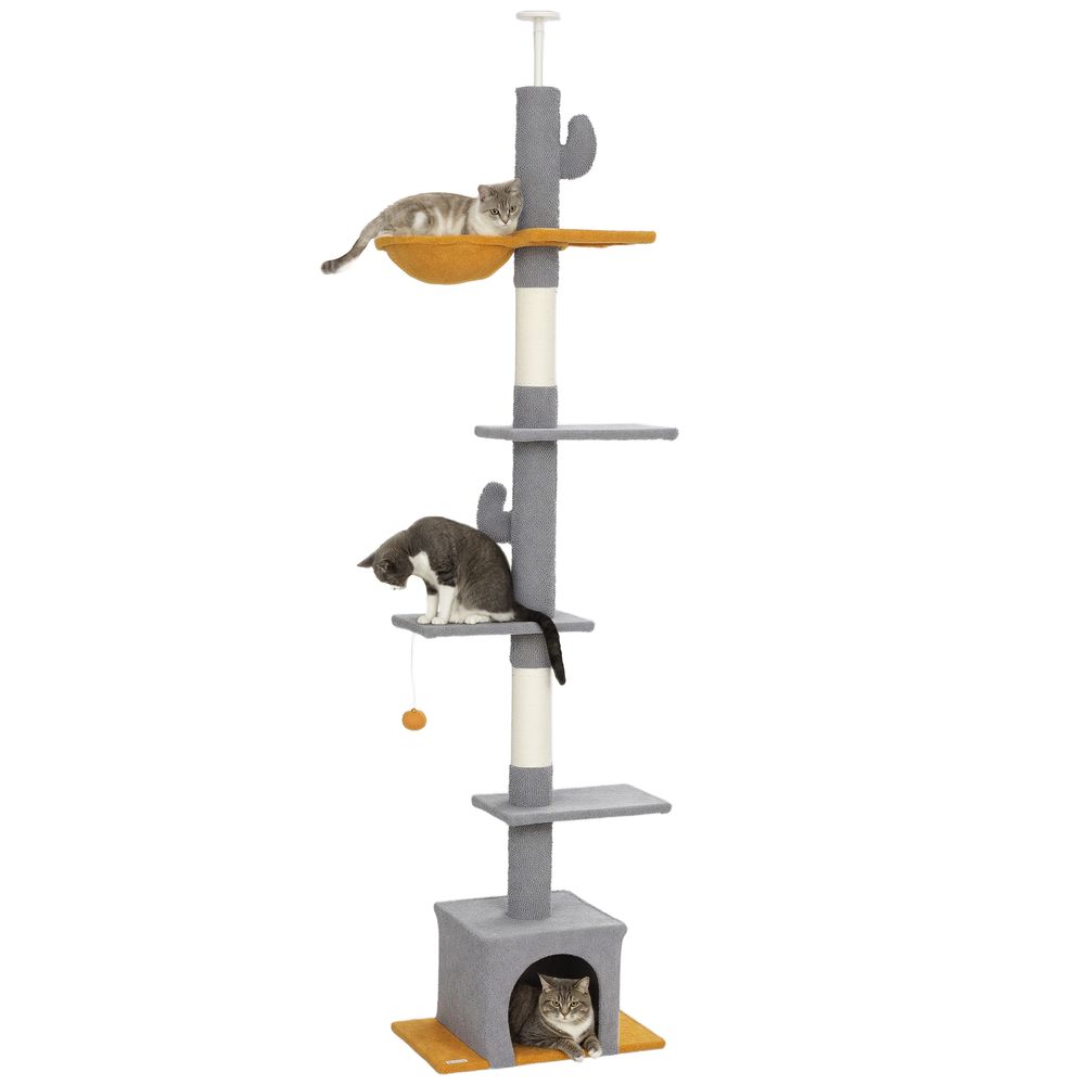 Grand arbre à chat plafond hauteur réglable 230-275 cm tour de jeu à 6 niveaux gris clair