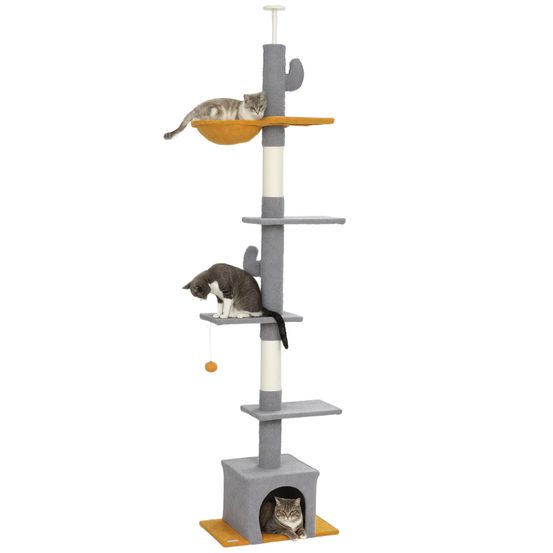 Grand arbre à chat plafond hauteur réglable 230-275 cm tour de jeu à 6 niveaux gris clair