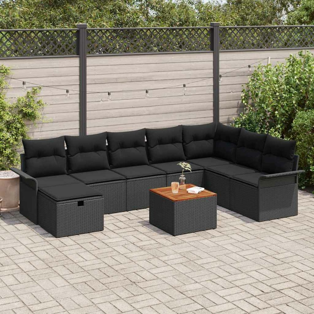Ensemble de canapé de jardin avec coussin 9 pcs noir poly rotin