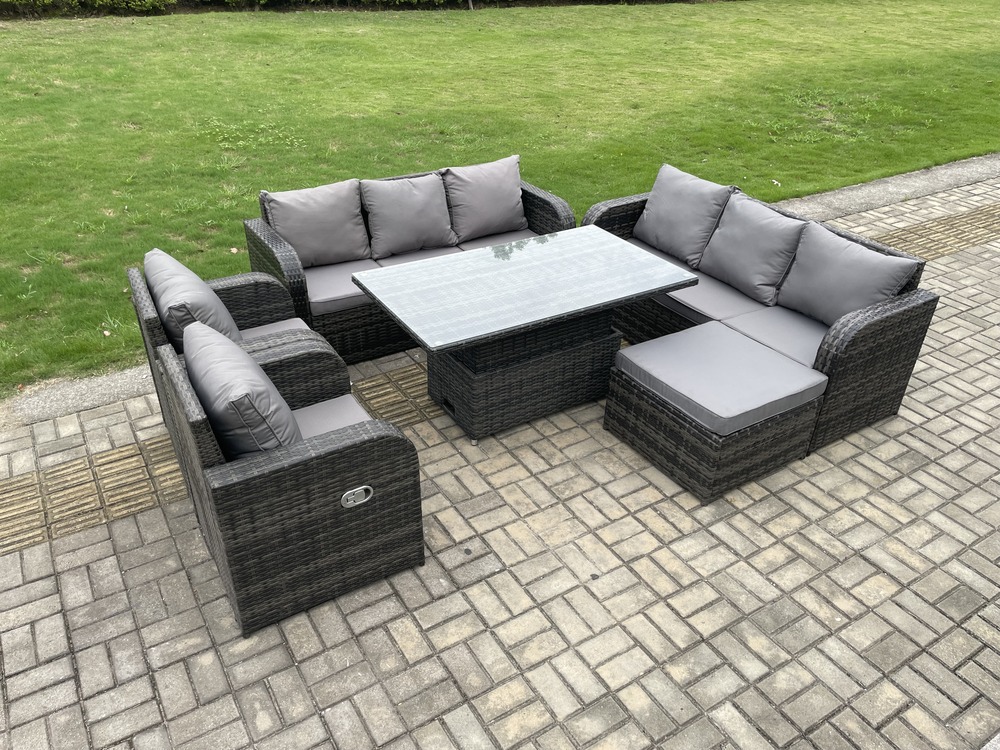 Ensemble de salle à manger jardin en rotin ave table à manger réglable en hauteur 2 chaises inclinable 2 canapé tabourets