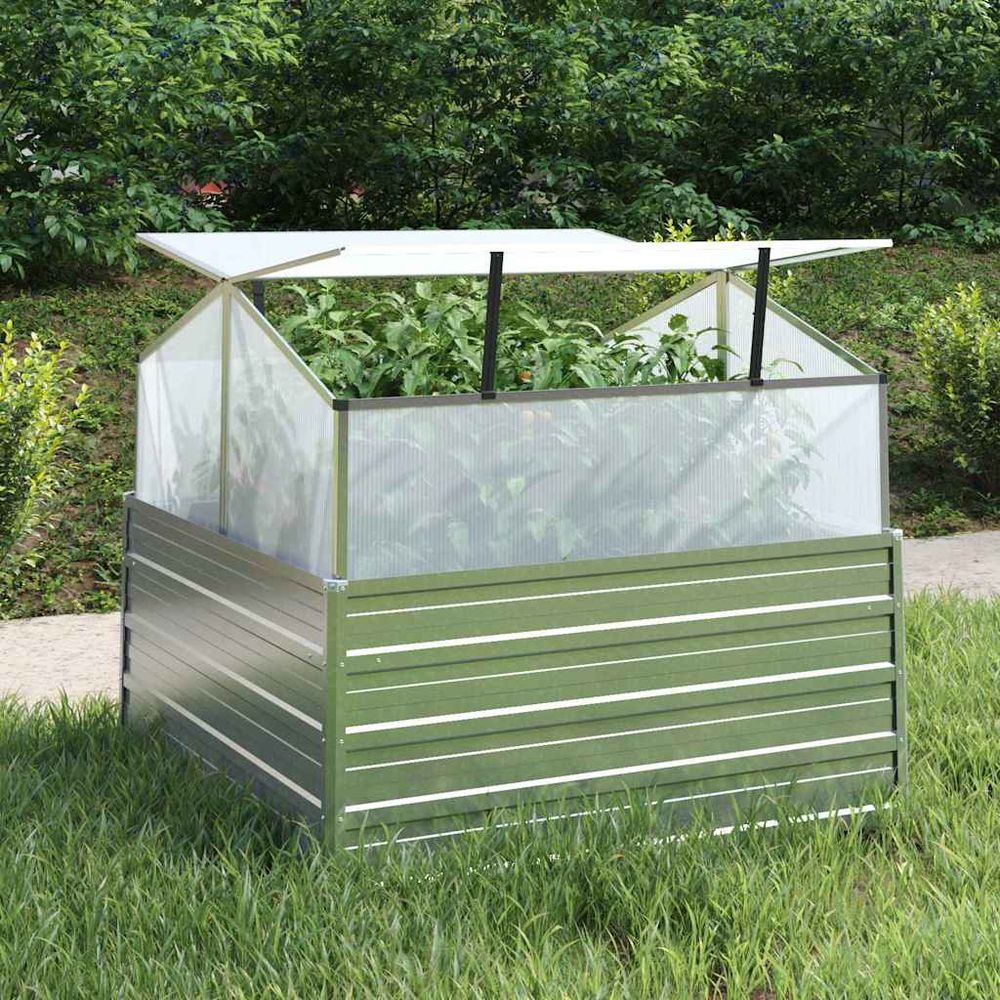 Carré potager surélevé avec serre acier galvanisé pour jardin balcon argenté