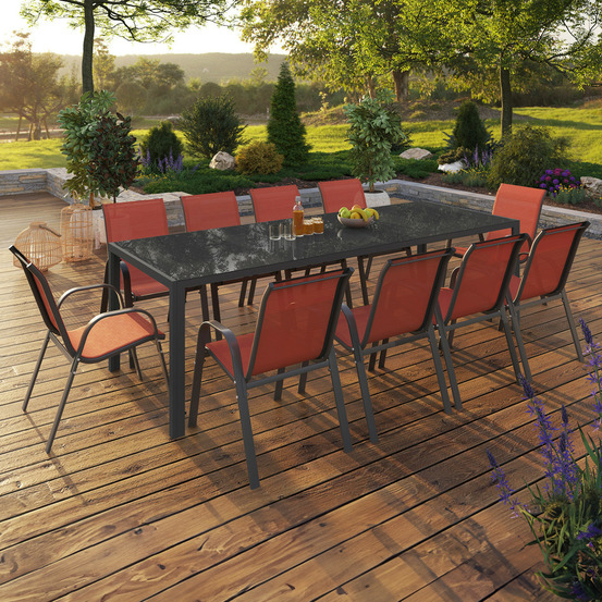 Salon de jardin madrid table 240 cm et 10 chaises empilables terracotta
