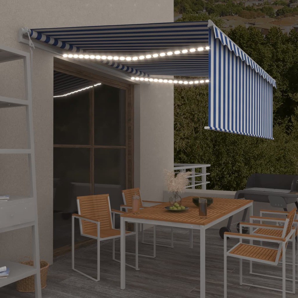 Auvent automatique store capteur de vent led 4,5x3 m bleu blanc