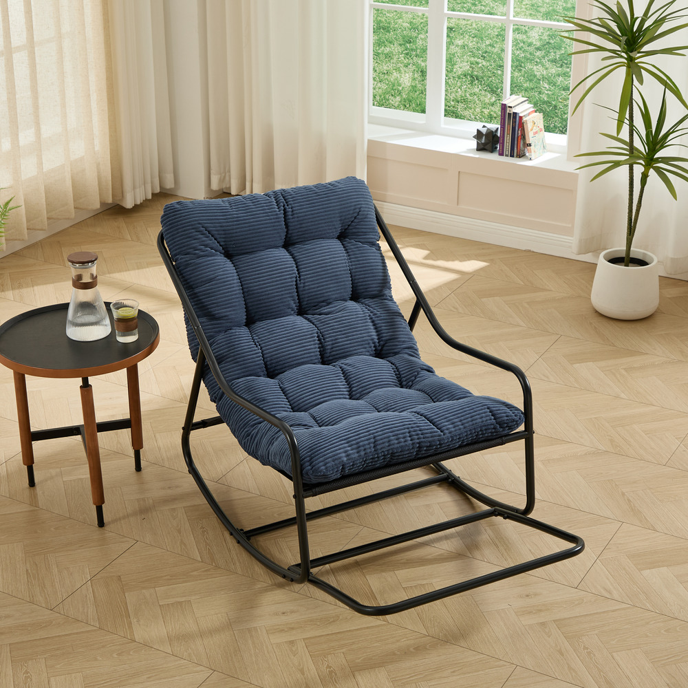 Fauteuil à bascule confortable avec rembourrage épais, pour salon, chambre, jardin et terrasse. Structure noire, coussin vert clair.