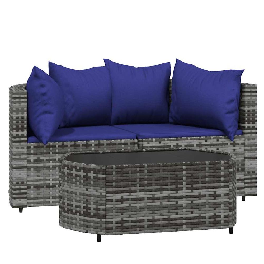 Salon de jardin 3 pcs avec coussins gris résine tressée