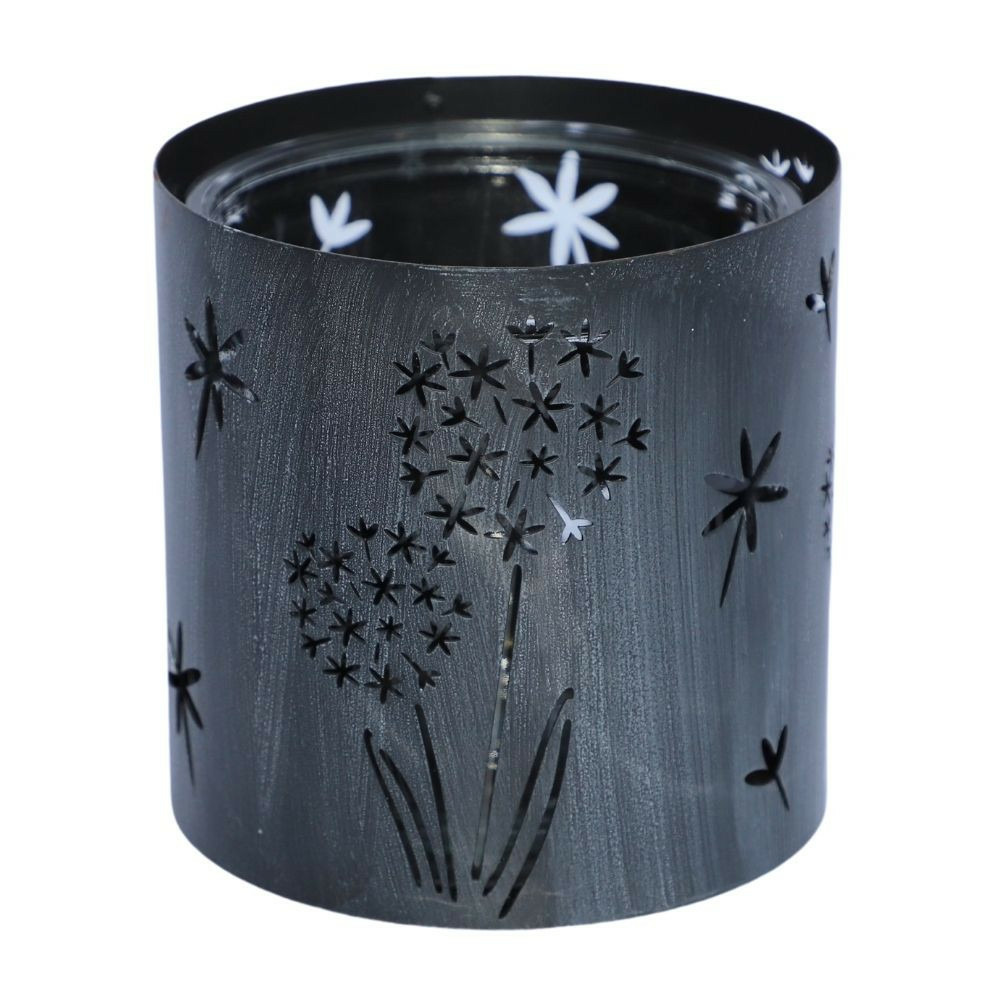 Photophore bougeoir bougie noël métal gris verre 15,5x15,5cm