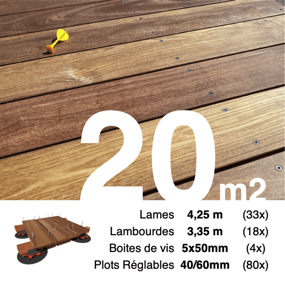 Kit complet terrasse bois exotique cumaru pour 20 m², lames 4,25 m, lambourdes 3,35 m, plots réglables et visserie inox.