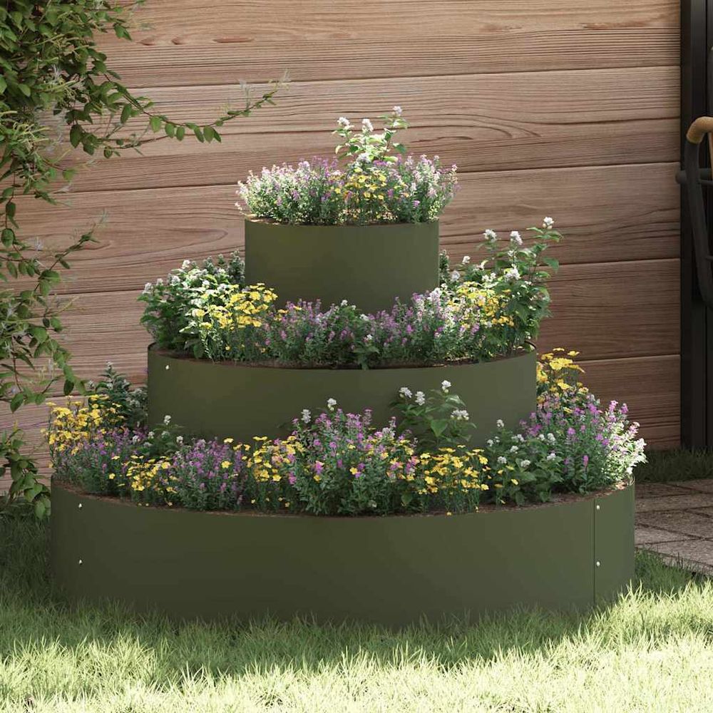 Jardinière ronde acier pour jardin et potager vert olive 90 cm