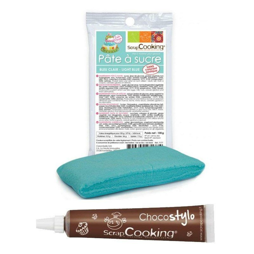 Stylo chocolat + pâte à sucre bleu clair 100 g
