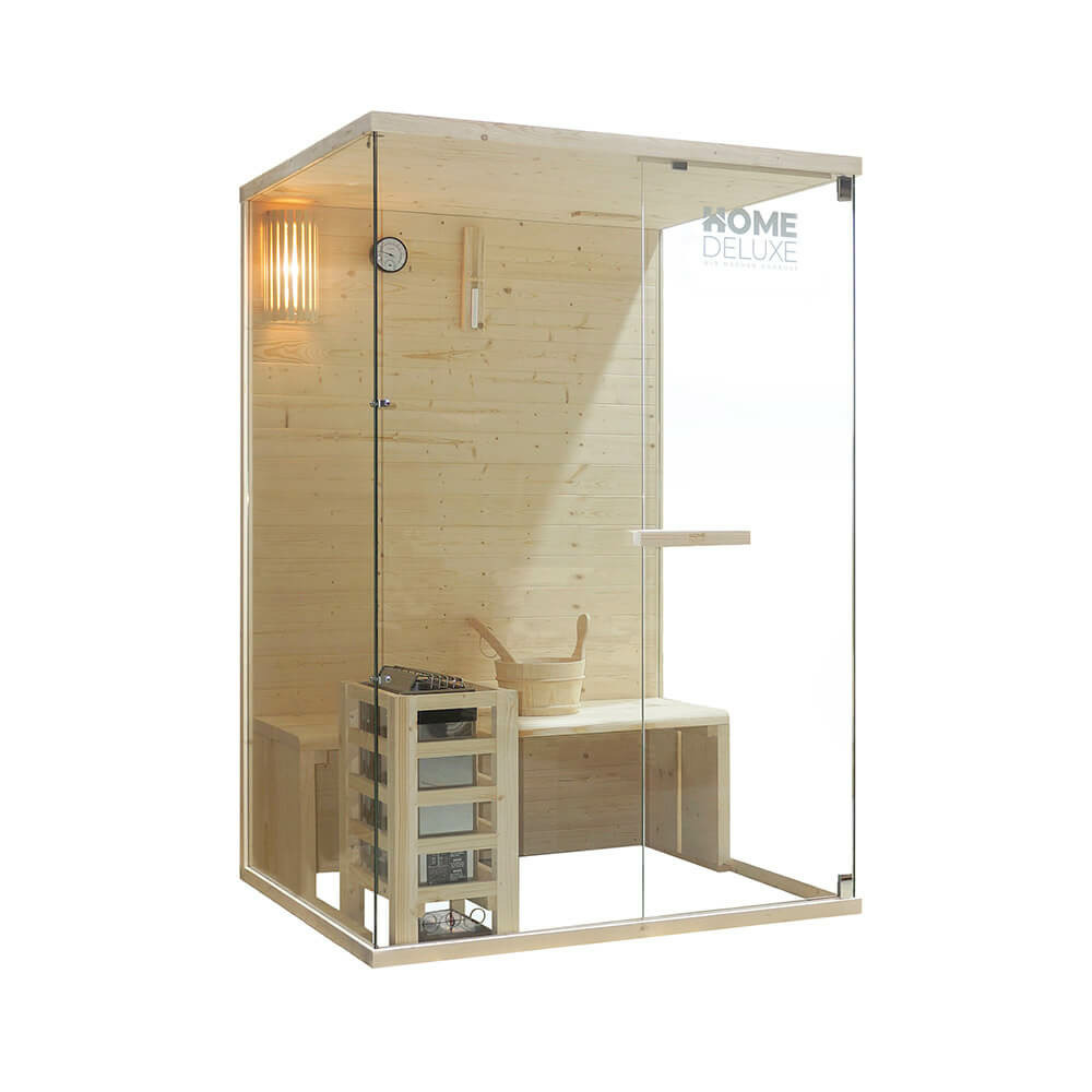 Home deluxe - sauna traditionnel aruna m - dimensions : env. 130 cm × 110 cm × 190 cm, bois : épicéa, verre de sécurité transparent