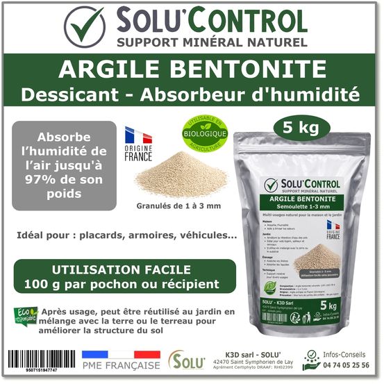 Argile bentonite naturelle - dessicant & absorbeur d’humidité - semoulette 1-3 mm - solu'control - sachet de 5kg