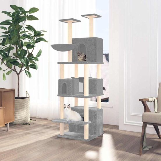 Arbre à chat xxl 180cm gris clair, idéal multi-chats avec 4 maisons, hamacs et poteaux à griffer en sisal