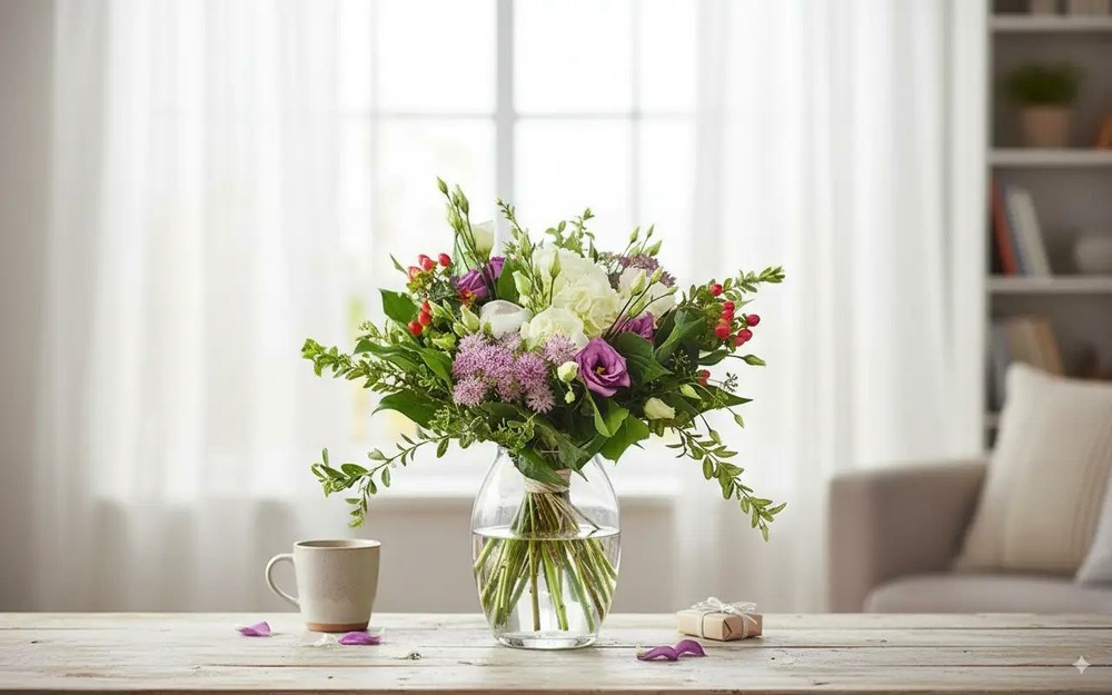 Bouquet de fleurs raffiné : roses blanches, lisianthus violets, marguerites mauves et baies rouges
