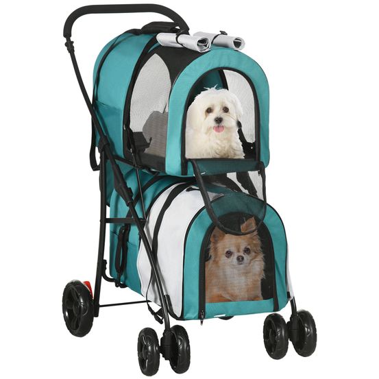 Poussette double animaux acier pliable 2 cabines amovibles 66x50x98cm vert