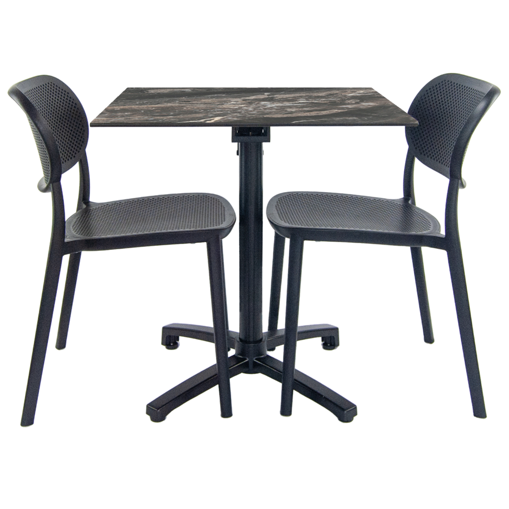 Lot de 1 table pliable marbre veiné + 2 chaises pour terrasse