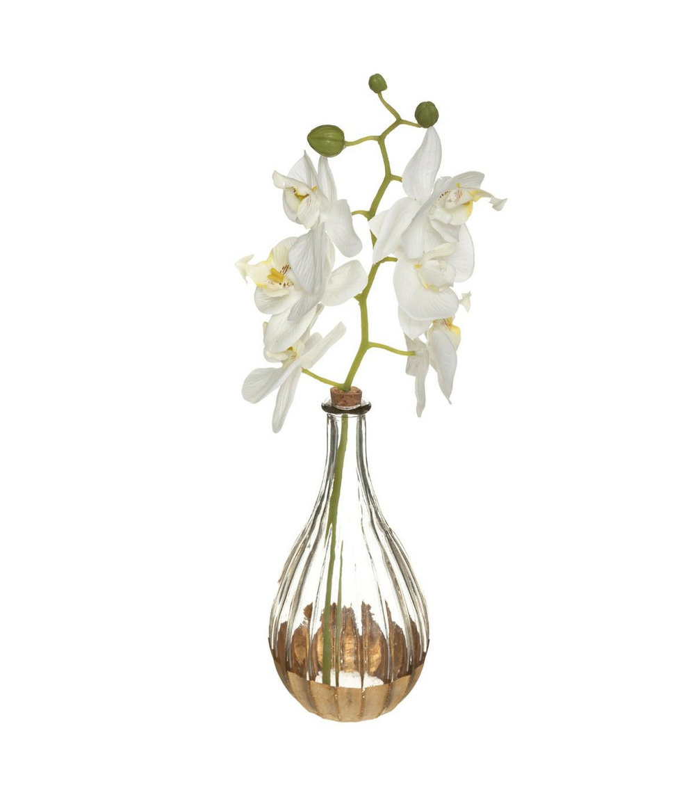 Composition florale artificelle orchidée en soie vase en verre h 35 cm