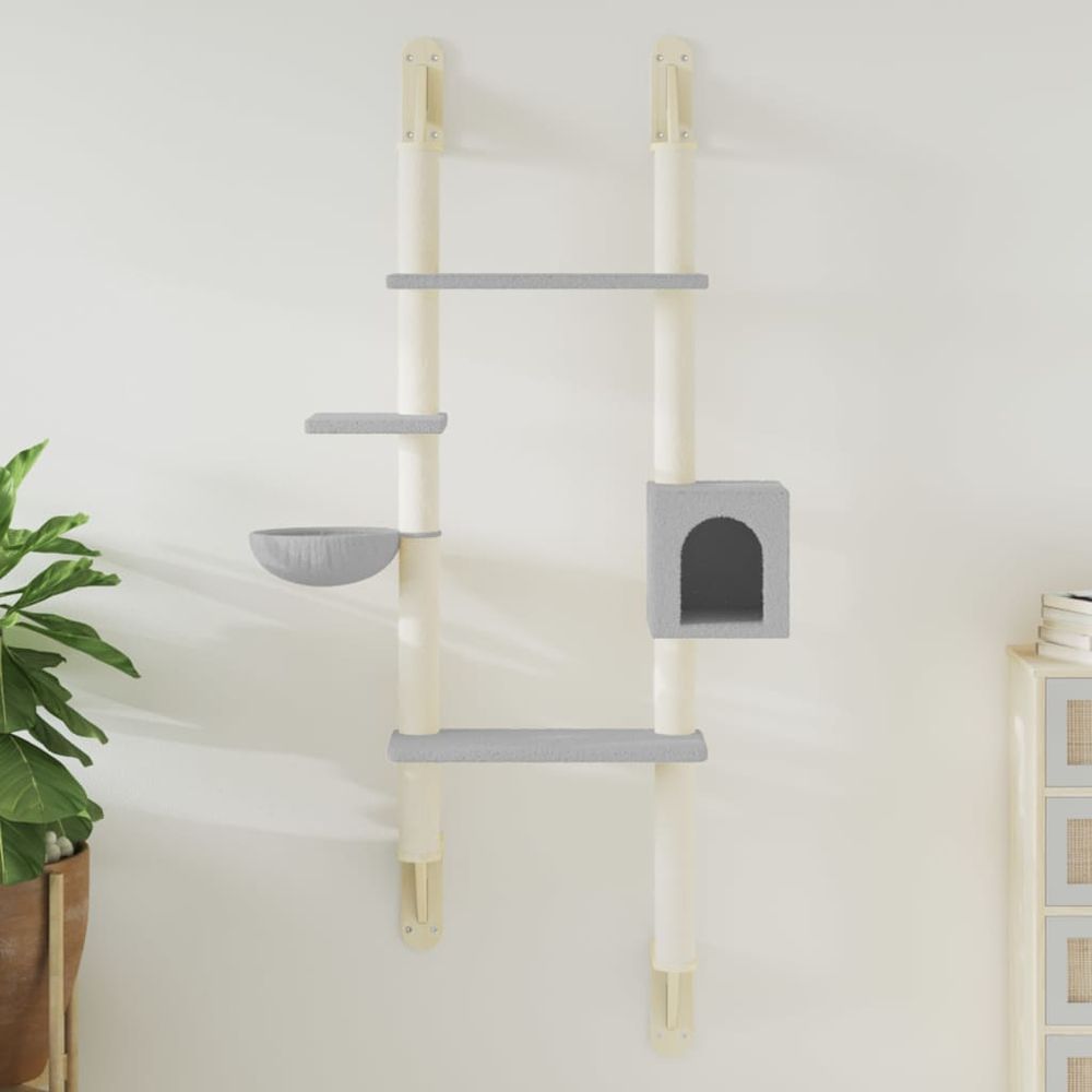 Arbre à chat mural grande hauteur avec niche et griffoir design gain de place gris 180 cm