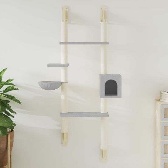 Arbre à chat mural grande hauteur avec niche et griffoir design gain de place gris 180 cm