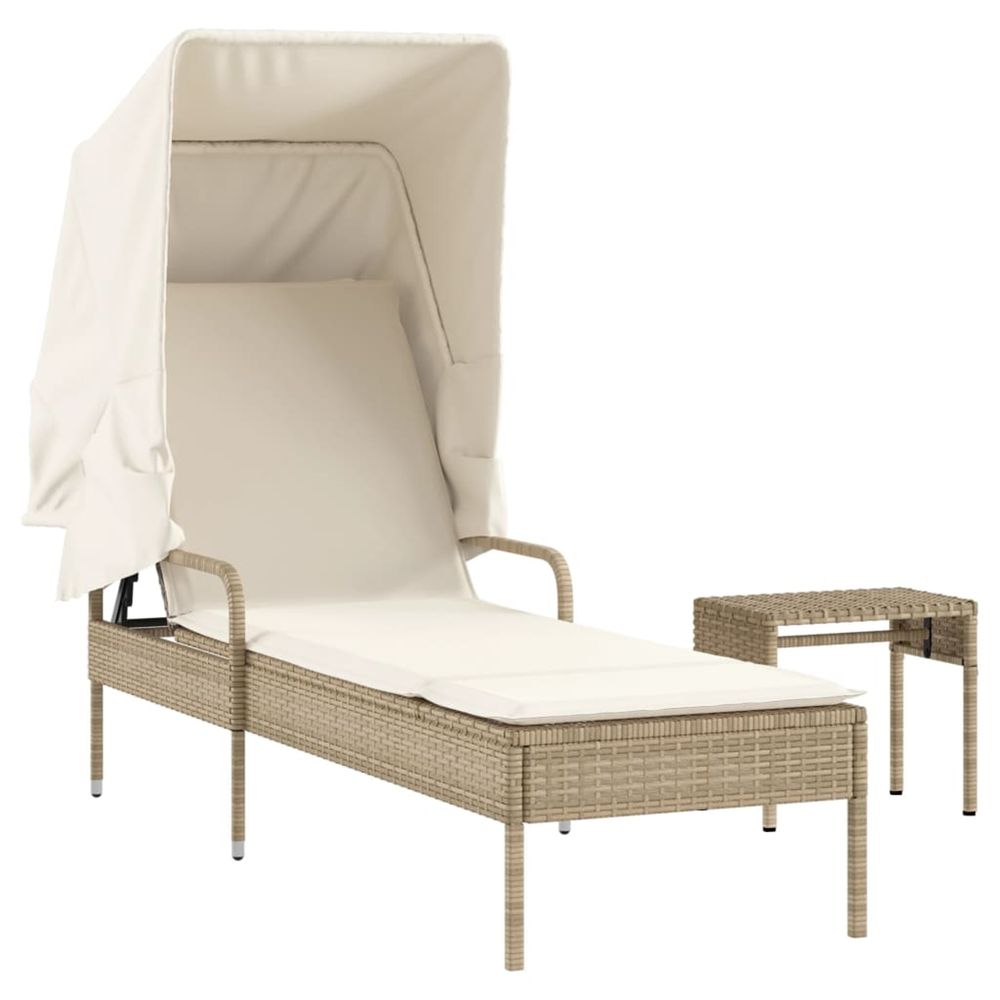 Chaise longue avec auvent et table beige résine tressée bain de soleil