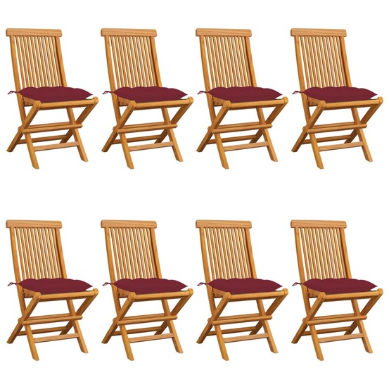 Chaises de jardin avec coussins bordeaux lot de 8 teck massif
