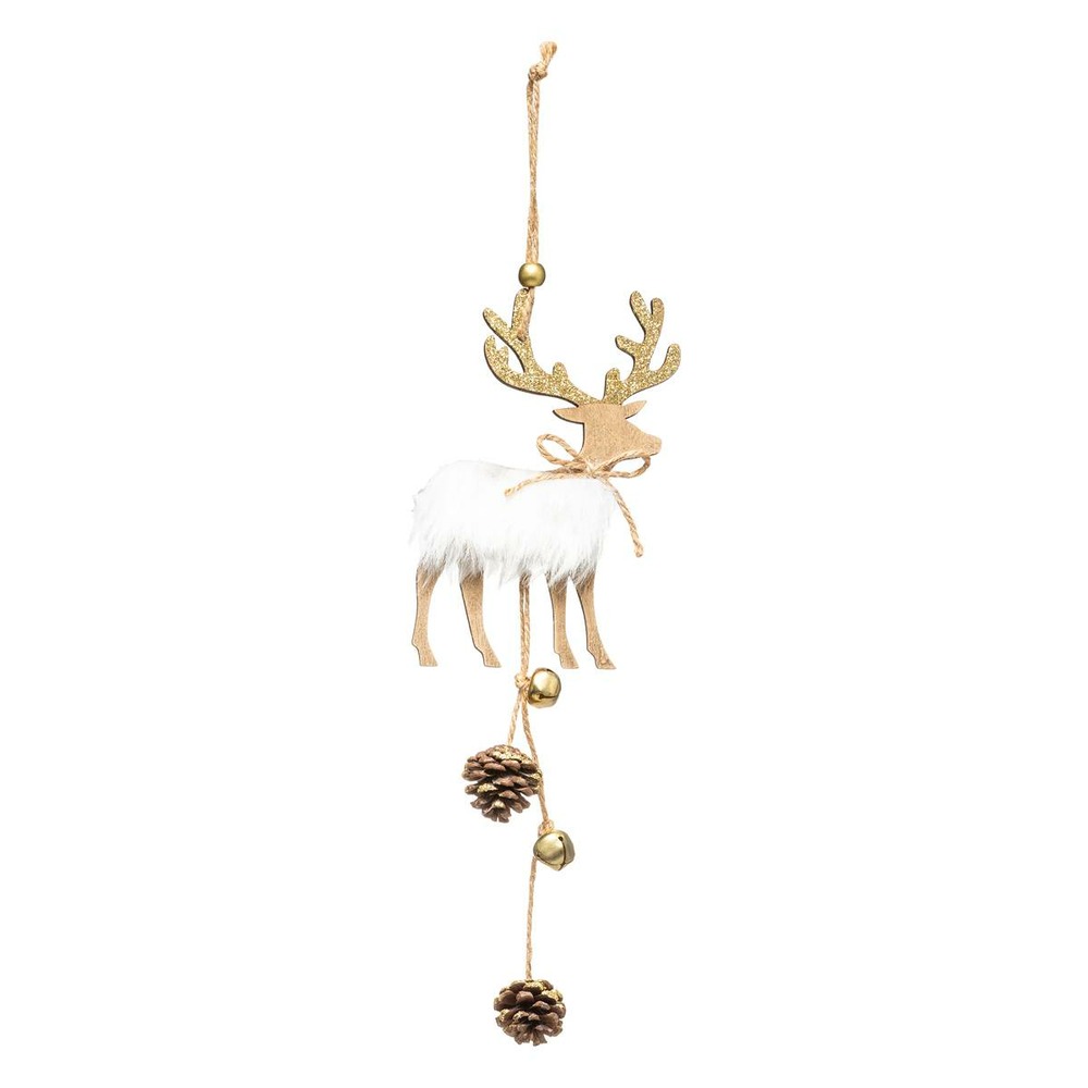 Sujet de noël long en bois renne pomme de pin