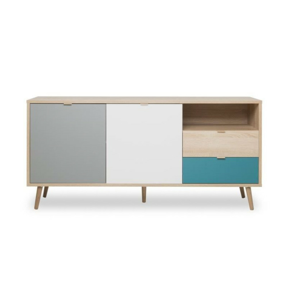 Cuba buffet bas scandinave chene, gris et bleu petrole - l 150 x p 40 x h 71 cm