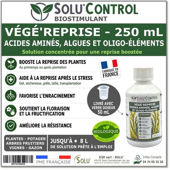 solu'control - Végé'reprise 250 ml - biostimulant concentré aux acides aminés, algues et oligo-éléments - fabriqué en france - uab
