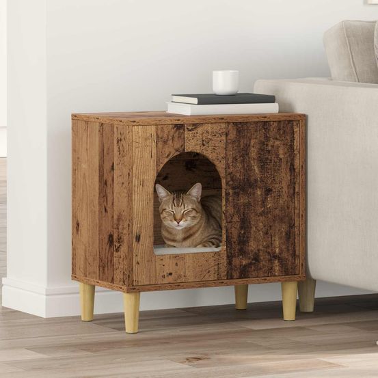 Abri chat intérieur bois ancien brun 52cm pour chat caractère déco