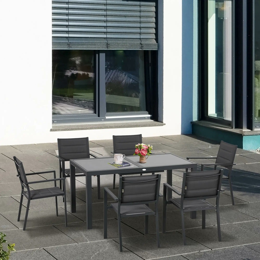 Salon de jardin en aluminium et textilène table extensible 6 chaises empilables 6 personnes gris