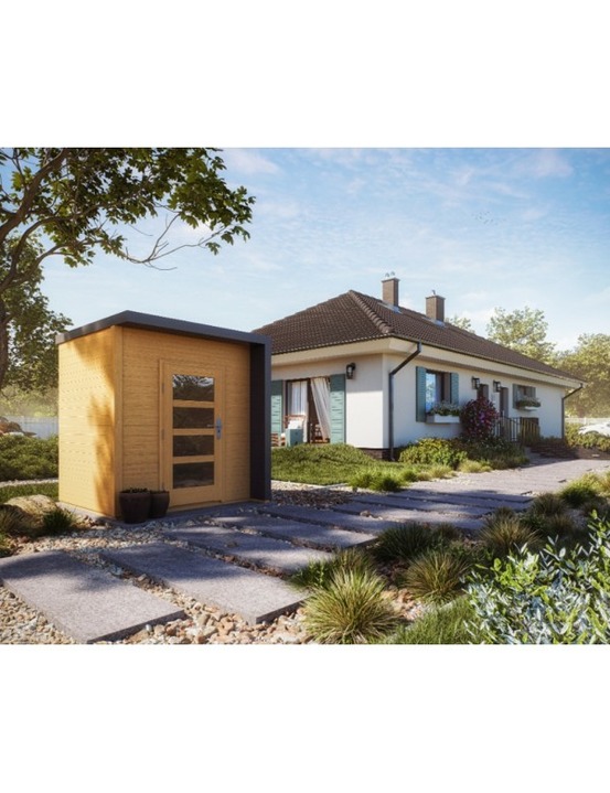 Abri de jardin moderne bratek à bardeau noir 203,8x201,9 h. 229 cm coloris chêne porte en verre-avec le plancher--