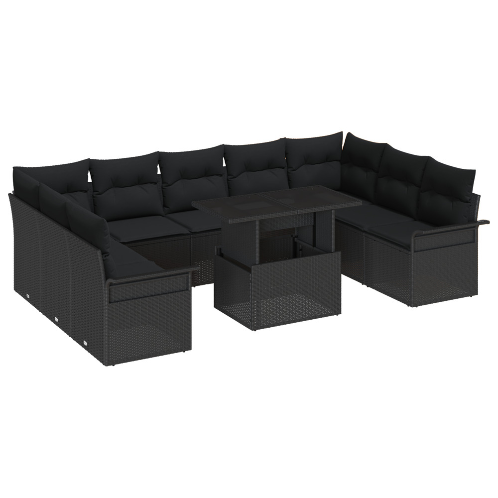 Ensemble de canapés de jardin 10 pièces avec coussins rattan poly noir