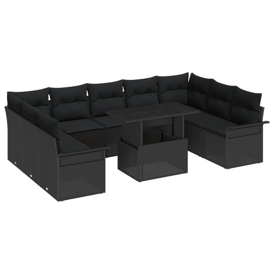 Ensemble de canapés de jardin 10 pièces avec coussins rattan poly noir