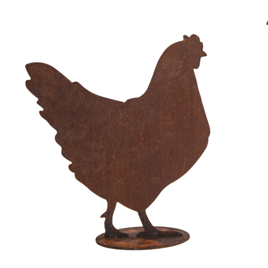 Figurine poule en métal rouillé : déco jardin - rouille