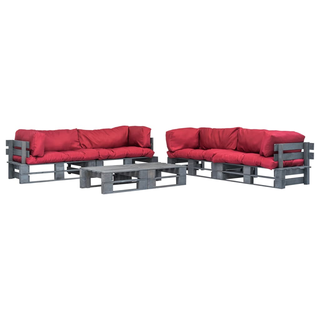 Salon de jardin meuble d'extérieur ensemble de mobilier 6 pièces palettes avec coussins rouges bois