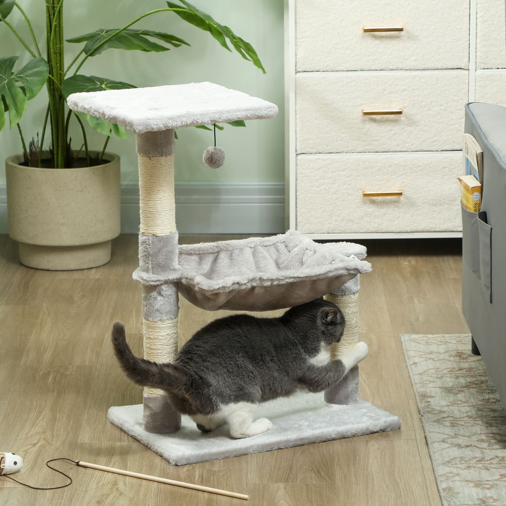 Arbre à chat 3 griffoirs grattoirs sisal naturel plateforme hamac et boule suspendue 50 x 26 x 70 cm peluche courte gris