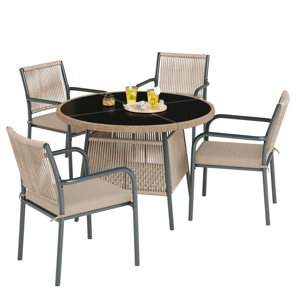 Ensemble mobilier jardin polyrotin: table ronde verre +4 fauteuils acier, idéal terrasse/balcon