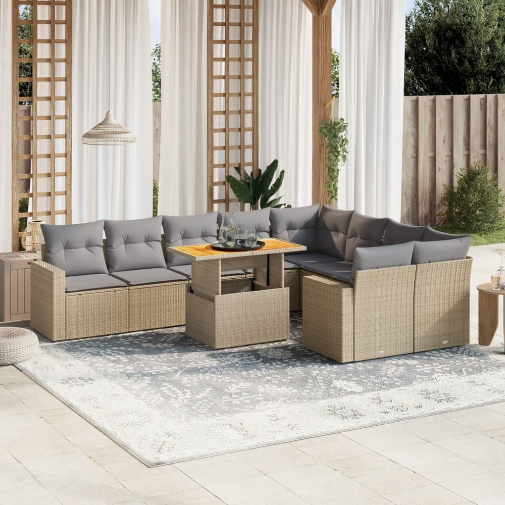 Salon de jardin avec coussins 10 pcs beige résine tressée