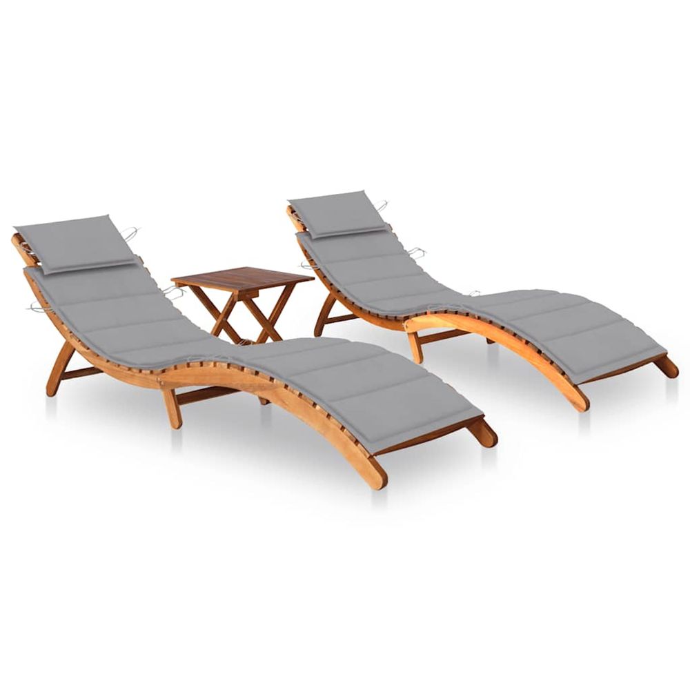 Chaises longues lot de 2 avec table et coussins acacia solide