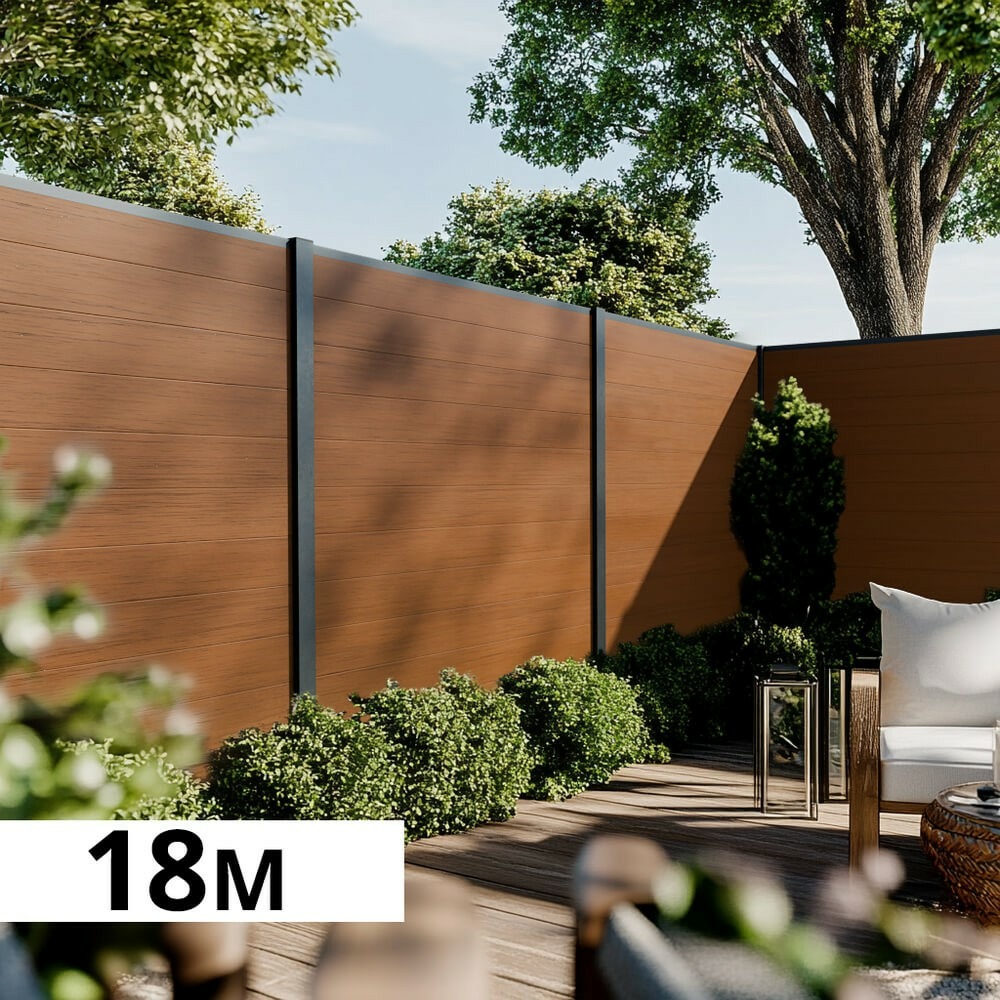 Kit clôture bois composite teck 18x1,8m cruz - poteaux en aluminium gris - brise vue - palissade